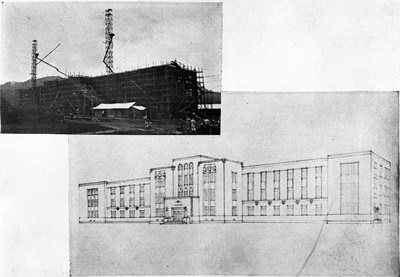 建築途中の校舎（現１号棟）と完成図（『道の友』1926年6月5日号）