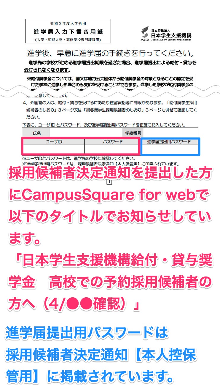 ユーザIDとパスワード、進学届提出用パスワードがどこに記載されているかしっかり確認！